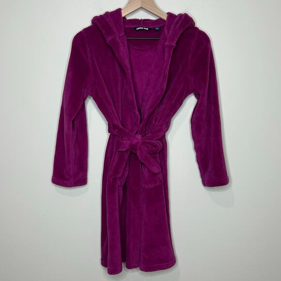 Lands' End Kids Purple Plush Fleece Bathrobe Size 12 Hood Attached Belt Robe - Picture 1 of 9